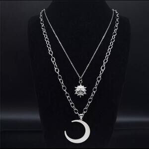 Silver Crescent Moon Layered Necklace with Sun Charm